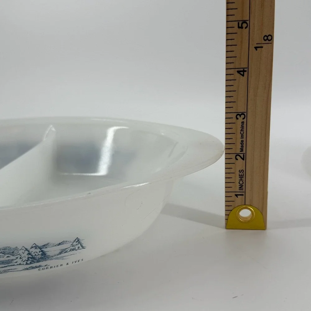 Vintage Currier Ives Milk Glass Blue Scenic Farm Loaf Pan Divided Casserole Dish